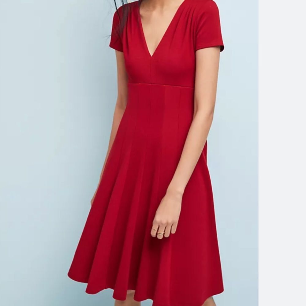NWT - Maeve Anthropologie Red V-Neck Fit & Flare Dress - Women's XS Petite